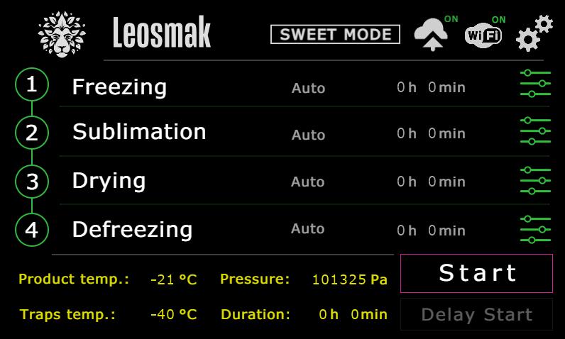 Leosmak HMI screen interface showing freeze dryer controls